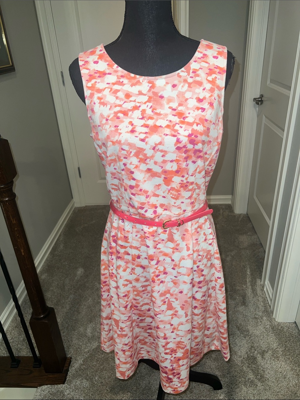 Coral, Pink & White Sleeveless Fit-and-Flare Midi Dress